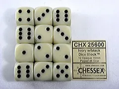 Dobbelsteen Chessex Ivory/black D6 16mm set à 12 stuks