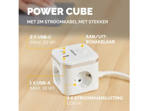 Stekkerblok Fellowes Power Cube F 3-voudig 1xUSB A 2xUSB C 2m wit