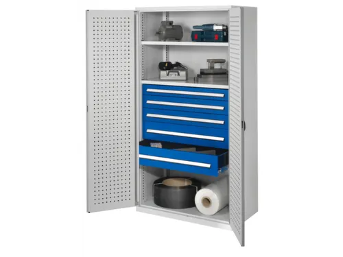 Materiaalkast Geperf. Deuren 1950x1000x600mm 2legborden 5laden Ral7035
