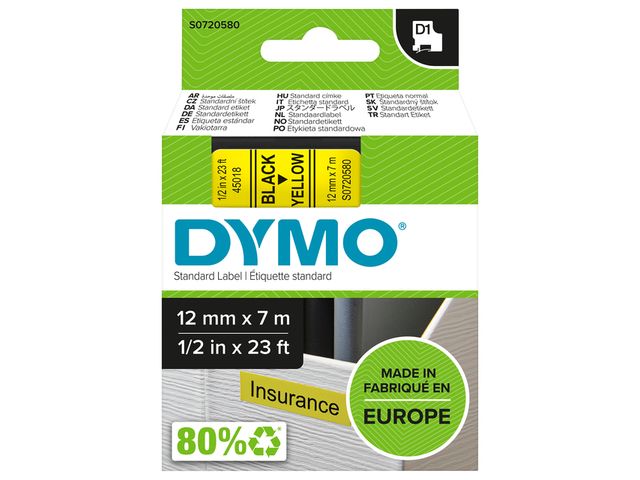 Labeltape Dymo 45018 D1 720580 12mmx7m zwart op geel | DymoEtiket.be