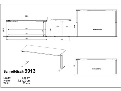 Elektrisch ihv bureau,HxBxD 720-1200x1800x800mm,blad decor kasjmier