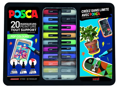 Paintmarker Uni POSCA Pop Colours assorti metalen koffer à 20 stuks