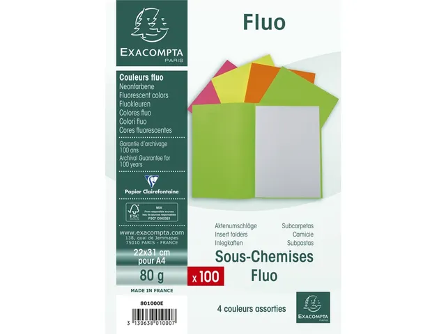 Pak van 100 inlegmappen FLUO 80 - 22x31cm-Geassorteerd