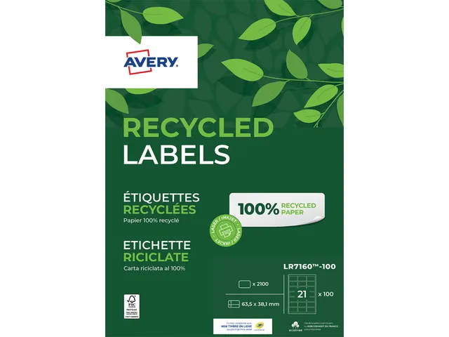 Etiket Avery LR7160-100 63.5x38.1mm recycled wit 2100 stuks