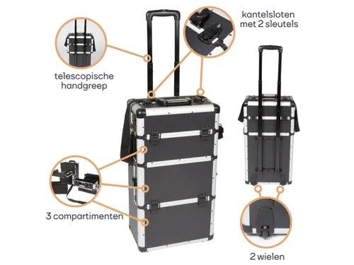 Gereedschapskoffer Aluminium Trolley 370x270x670mm Zwart