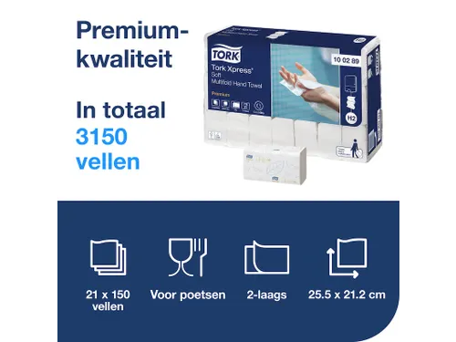 Tork 100289 Xpress Handdoek Premium H2 I-vouw Soft 2-laags 21x150st