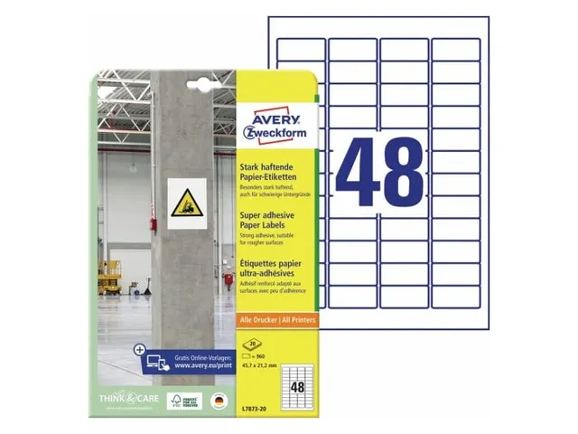 Avery Zweckform L7873 Sterk klevende etiketten A4 45,7x21,2mm 960 stuk