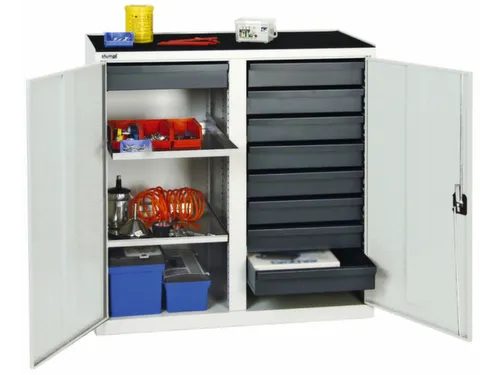 Materiaalkast 1000x1000x500mm 2legborden Uitschuifbaar 9laden Ral7035