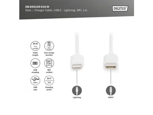 Gegevens-/oplaadkabel Lightning USB-C M/M 1m PVC MFI Wit 20V/3A 60W