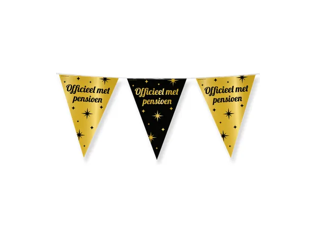 Slinger Folie vlaggen Party Flag Foil 'Pensioen' Goud-Zwart 30cmx10m