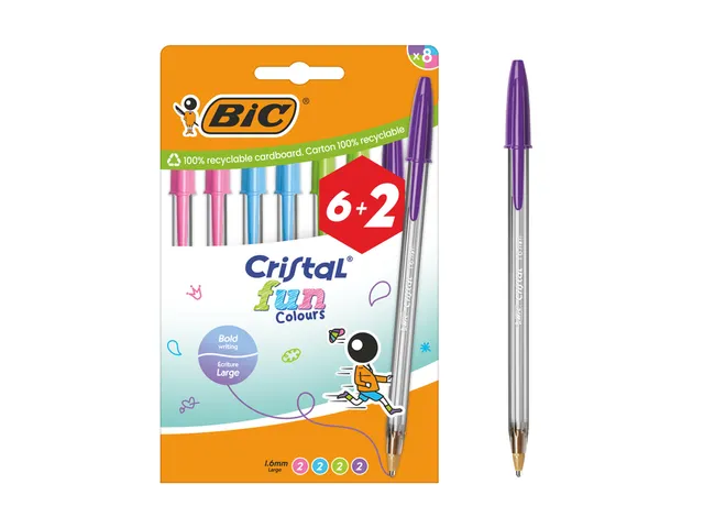 BIC Cristal fun Balpen 6+2 gratis Large 1.6mm assorti