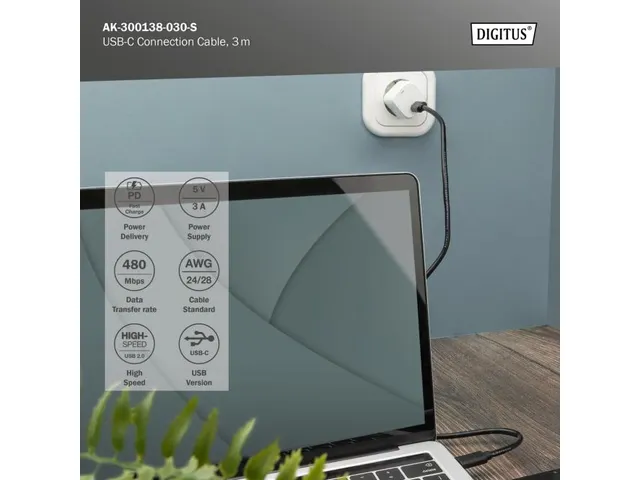 USB Type-C-aansluitkabel Type-C-CM/M 3m 5V/3A 15W 480MB 2.0 Zwart