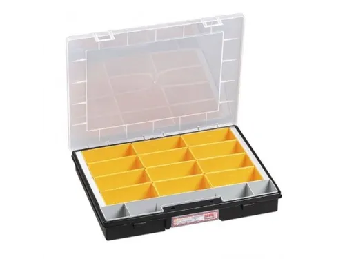 Bak voor kleine onderdelen,HxBxD 55x370x295mm,12bakken,PP,koffer zwart