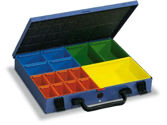 Assortimentskoffer Plaatstaal 15boxen Polystyrol 50x340x240mm Ral5007