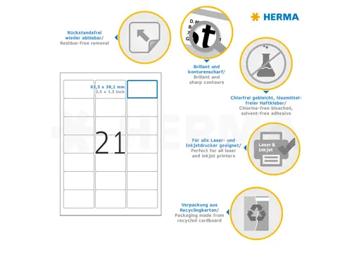 HERMA 5074 Verwijderbare etiketten A4 63,5x38,1mm Wit 525 stuks