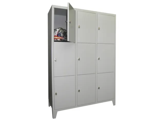 lockerkast,HxBxD 1850x1200x500mm,3x3vakken,RAL7035,front RAL6011
