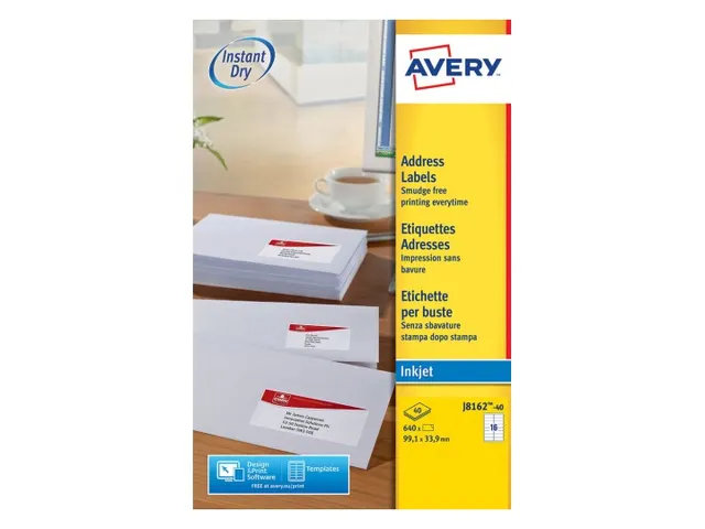 Adresetiket Avery J8162-40 99.1x33.9mm Inkjet wit 640 stuks