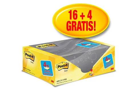 Memoblok 3M Post-it 655 76x127mm geel 16 + 4 gratis