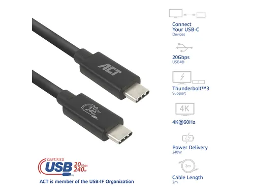 Kabel ACT USB-C 4.0 20Gbps Thunderbolt 3 2m