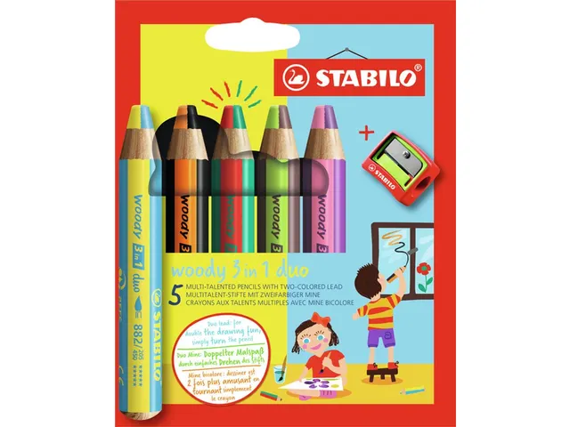 Kleurpotloden STABILO 882 woody 3 in 1 duo inclusief puntenslijper ass