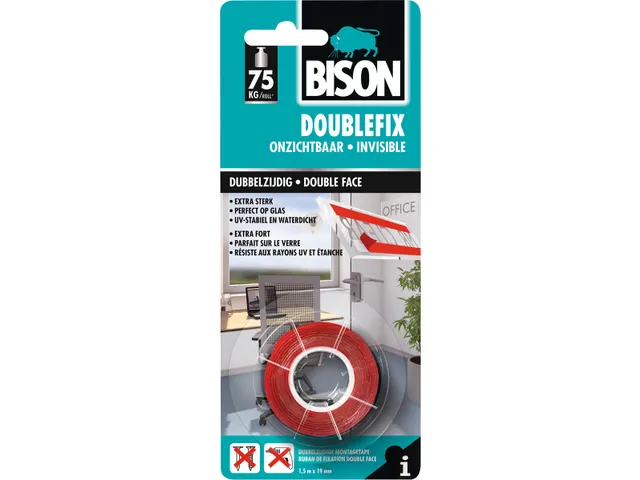Bison Doublefix onzichtbaar dubbelzijdige montagetape 19mmx1.5m Transp