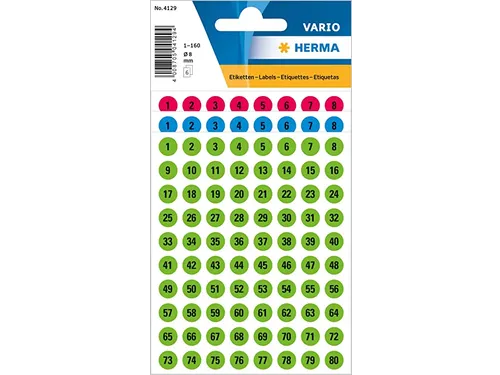 Etiket Herma 4129 Rond 8mm Getallen 1-160 Kleur Assorti 6 vel