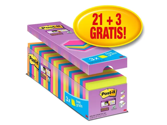 Memoblok 3M Post-it 654 Super Sticky 76x76mm 21+3 gratis assorti