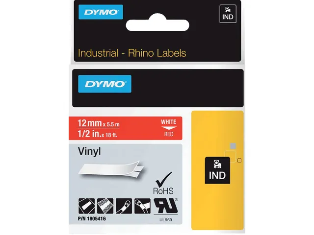 Labeltape Dymo Rhino 1805416 Vinyl 12mmx5.5m Wit op Rood