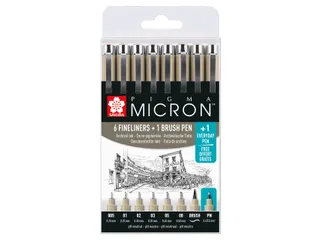 Fineliner Sakura Pigma Micron 6 schrijfbreedtes, brushpen en PN zwart - 2