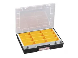 Bak voor kleine onderdelen,HxBxD 55x370x295mm,12bakken,PP,koffer zwart