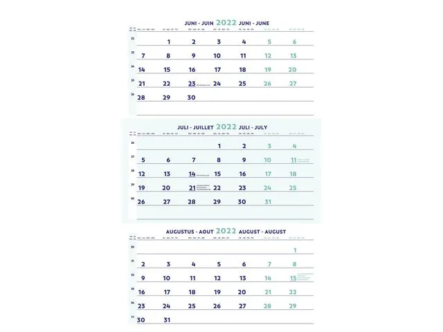 Driemaandskalender, Wandmodel, 300 x 600 mm, 4 talen, 2022