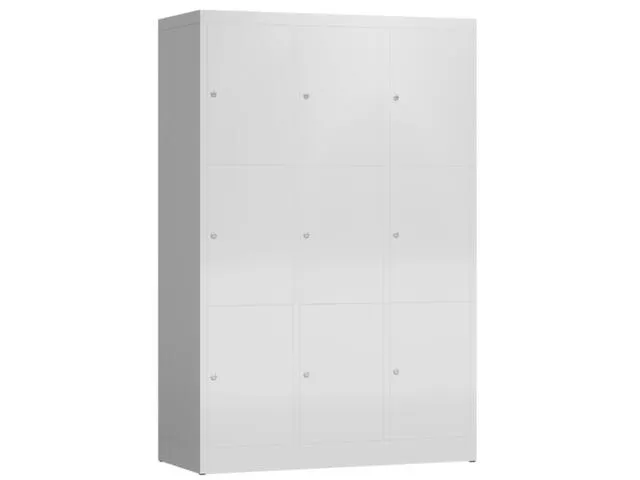 Lockerkast 1800x1185x500mm 3x3 vakken cilinderslot, sokkel, RAL7035