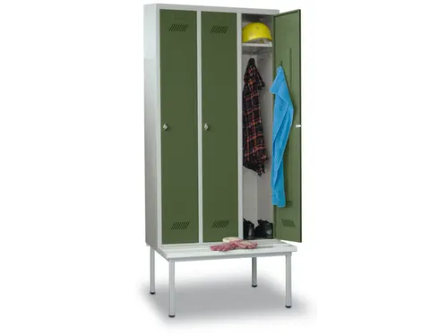 locker met bank,HxBxD 2150x1200x500mm,3vak,RAL7035,front RAL6011