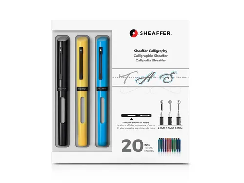 Kalligrafiepen SHEAFFER zwart, blauw,geel maxi penpunt F/M/B