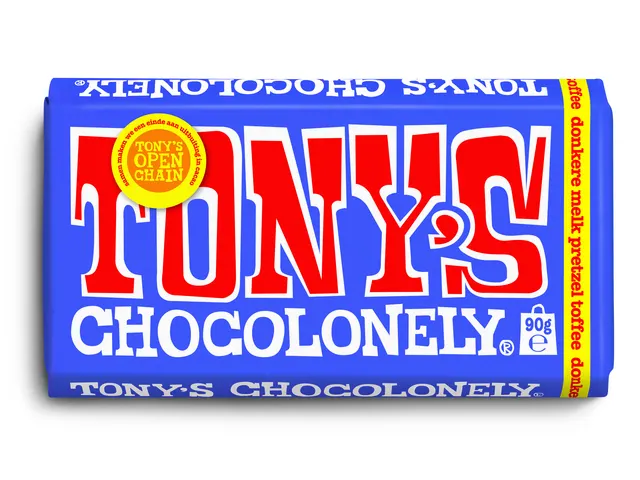 Chocolade Tony Chocolonely donkere melk pretzel toffee reep 90 gram