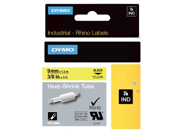 Labeltape Dymo Rhino 18054 krimpkous 9mmx1.5m zwart op geel | LabelprinterOnline.nl