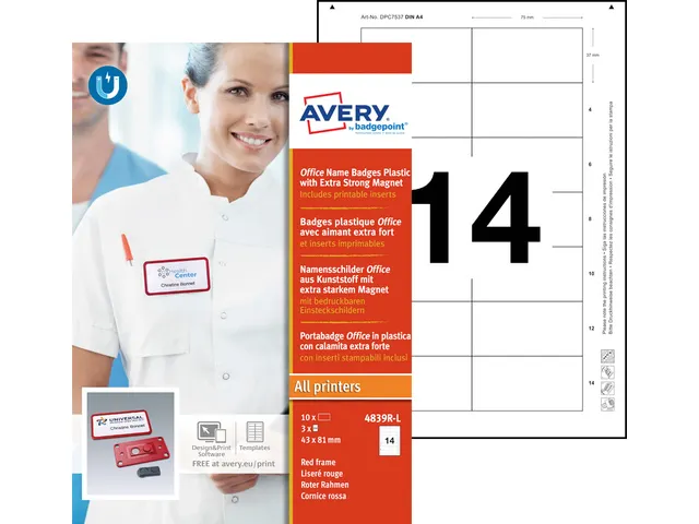 Naambadge Avery Office 43x81 10 x rood extra sterke magneet