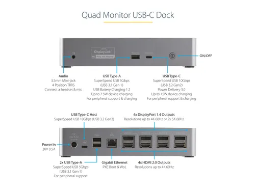 StarTech USB-C Docking Station 4K Quad Monitor 100W PD LAN