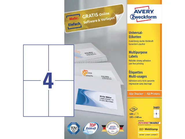Etiket Avery Zweckform 3483 105x148mm A6 wit 400stuks