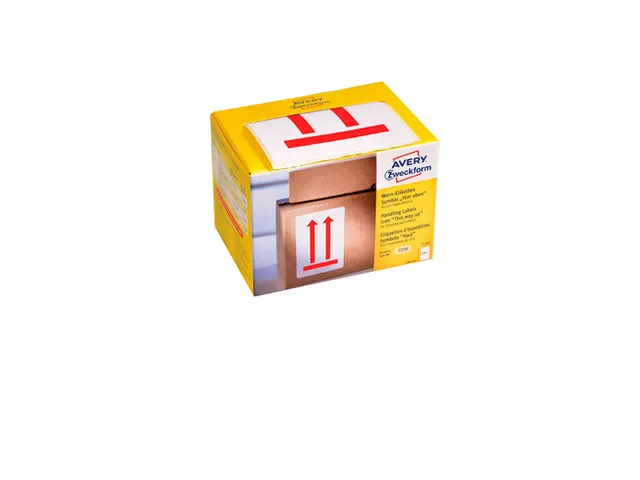 Waarschuwings etiket Avery 'This way up' op rol in dispenser 74x100mm