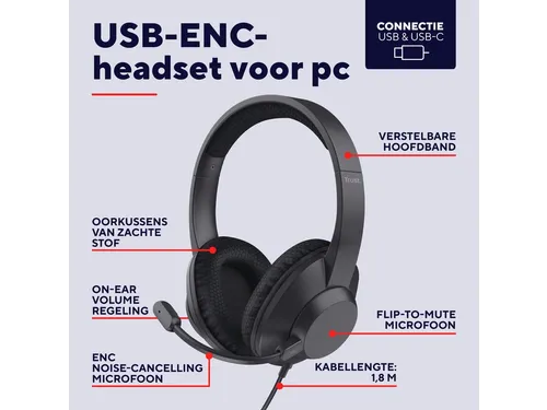 Trust Ayda Max USB-headset met ENC Bedrade hoofdtelefoon Zwart
