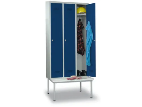 locker met bank,HxBxD 2150x1200x500mm,3vak,RAL7035,front RAL5010