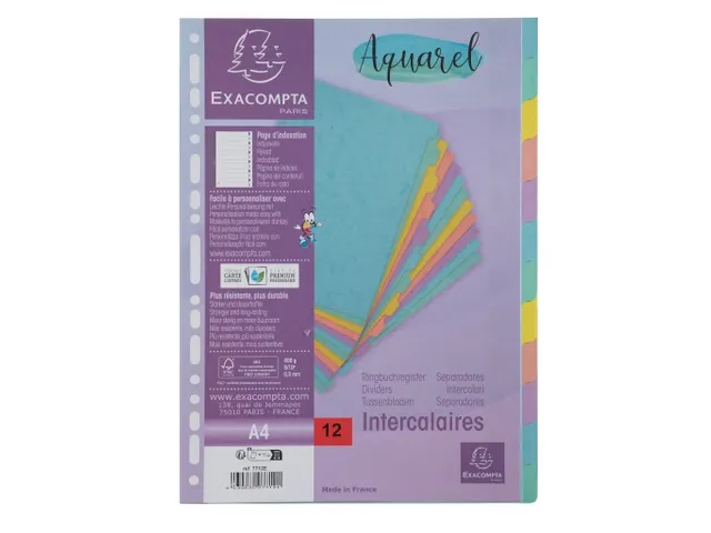 Tabblad In Glanskarton 400G/M2 Aquarel 12 Verdelingen A4 Assorti