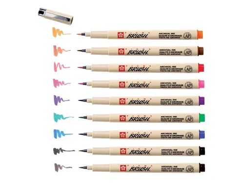 Viltstift met brushpen Bruynzeel Sakura Pigma etui 9 kleuren assorti