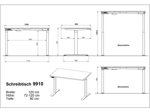 Elektrisch ihv bureau,HxBxD 720-1200x1200x800mm,blad decor kasjmier