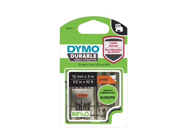 Labeltape Dymo D1 1978367 12mmx3m zwart op oranje
