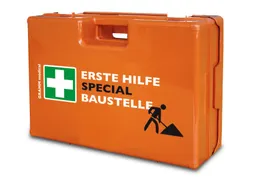 verbandkoffer,v. bouw,DIN 13157,ABS oranje,m. wandhouder
