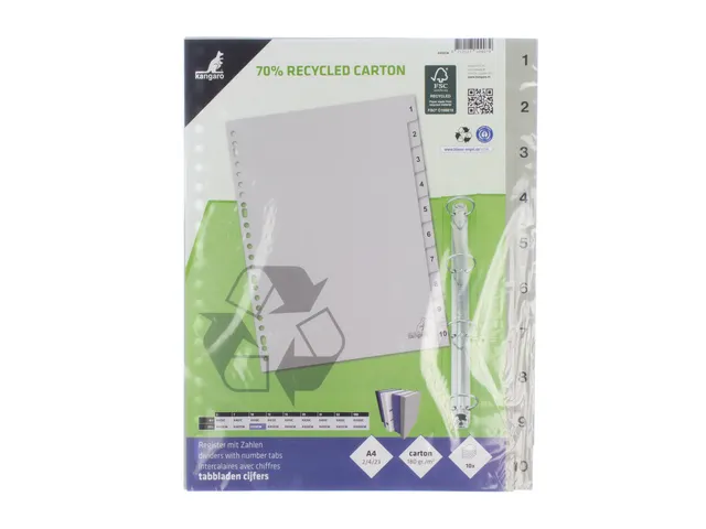 Tabblad ECO Kangaro A4 cijfers 180 grams grijs karton 23-gaats 10-deli