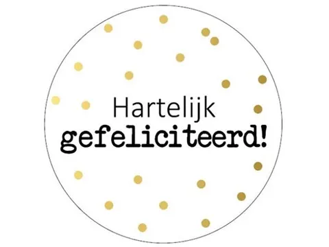 KP Sticker rond 40mm Hartelijk gefeliciteerd goud stippen 250 stuks