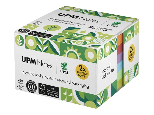 Sticky notes UPM recycled 75x75mm assorti blok 450 vel, doos 1x blok